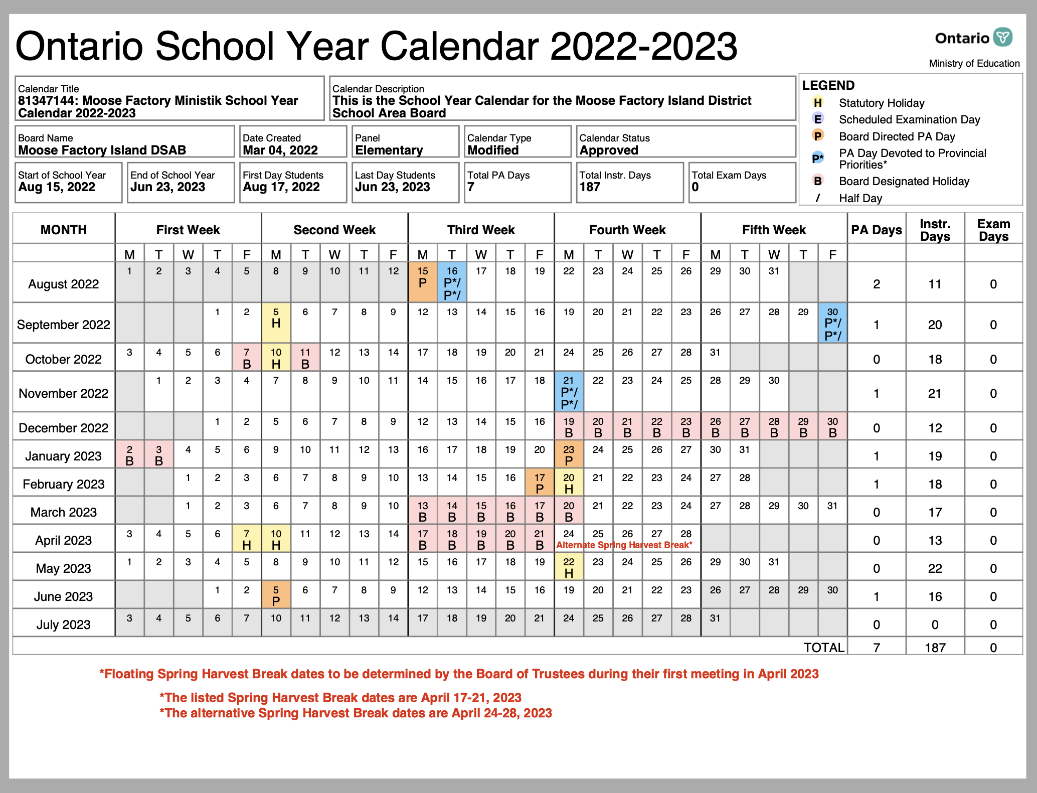 Moose Factory Ministik School Calendar 2023